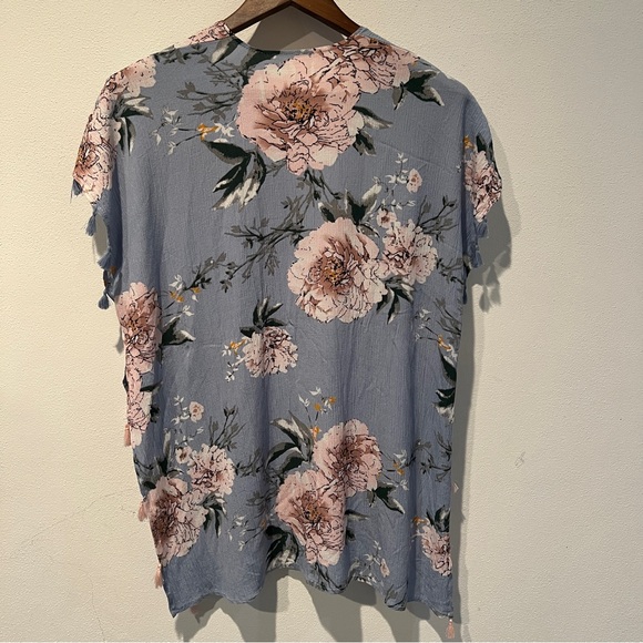 Lightweight Floral Open Front Caftan Tassels Coverup - Picture 5 of 6